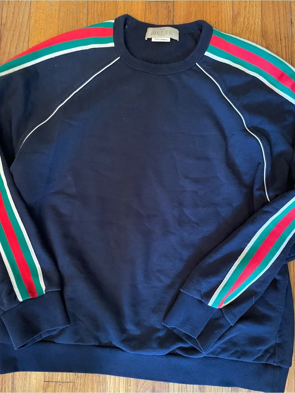 Gucci Navy Crewneck Sweatshirt with Red and Green Sleeve Stripes Size XL